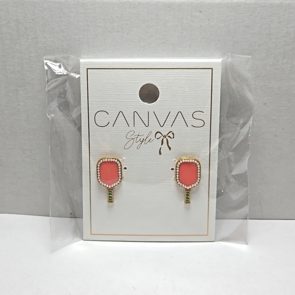 Canvas Style Pickleball Paddle Gold Tone Stud Earrings Bubblegum Pink Pearls New - Picture 1 of 7